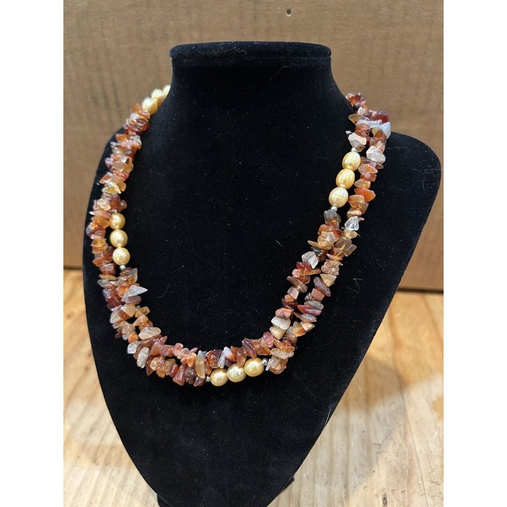 Polished Pebble Stone & Pearl Autumn Amber Colored Long Line Necklace 35” JTV